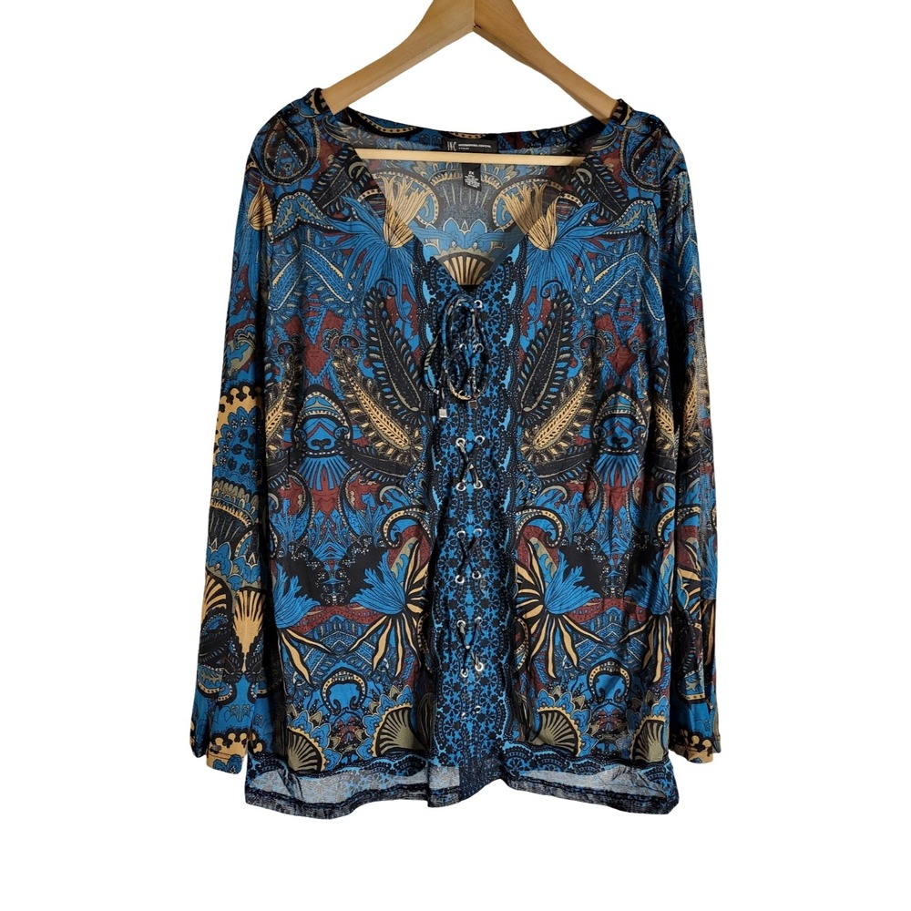 INC International Concepts Blue Paisley Lace Up Mesh Top Plus Size 2X 70s Retro